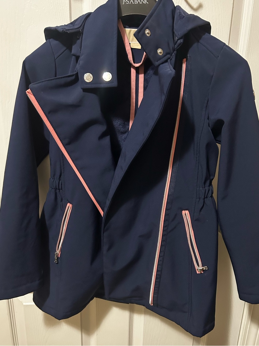 Girls Michael Kors Navy Coat with Pink Trim